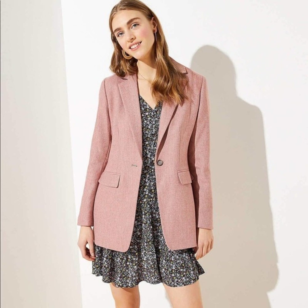 Loft Blush Herringbone Longline Blazer 10 NWT